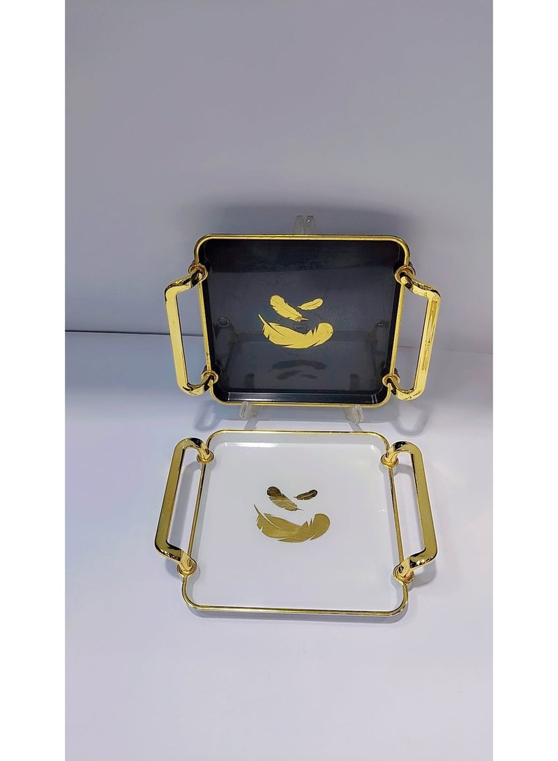 Set of 3 Square Serving Trays with Gold Handles – Luxury Feather Design – Multi-Purpose – White, Black & Transparent – 20×20 cm - Image 2